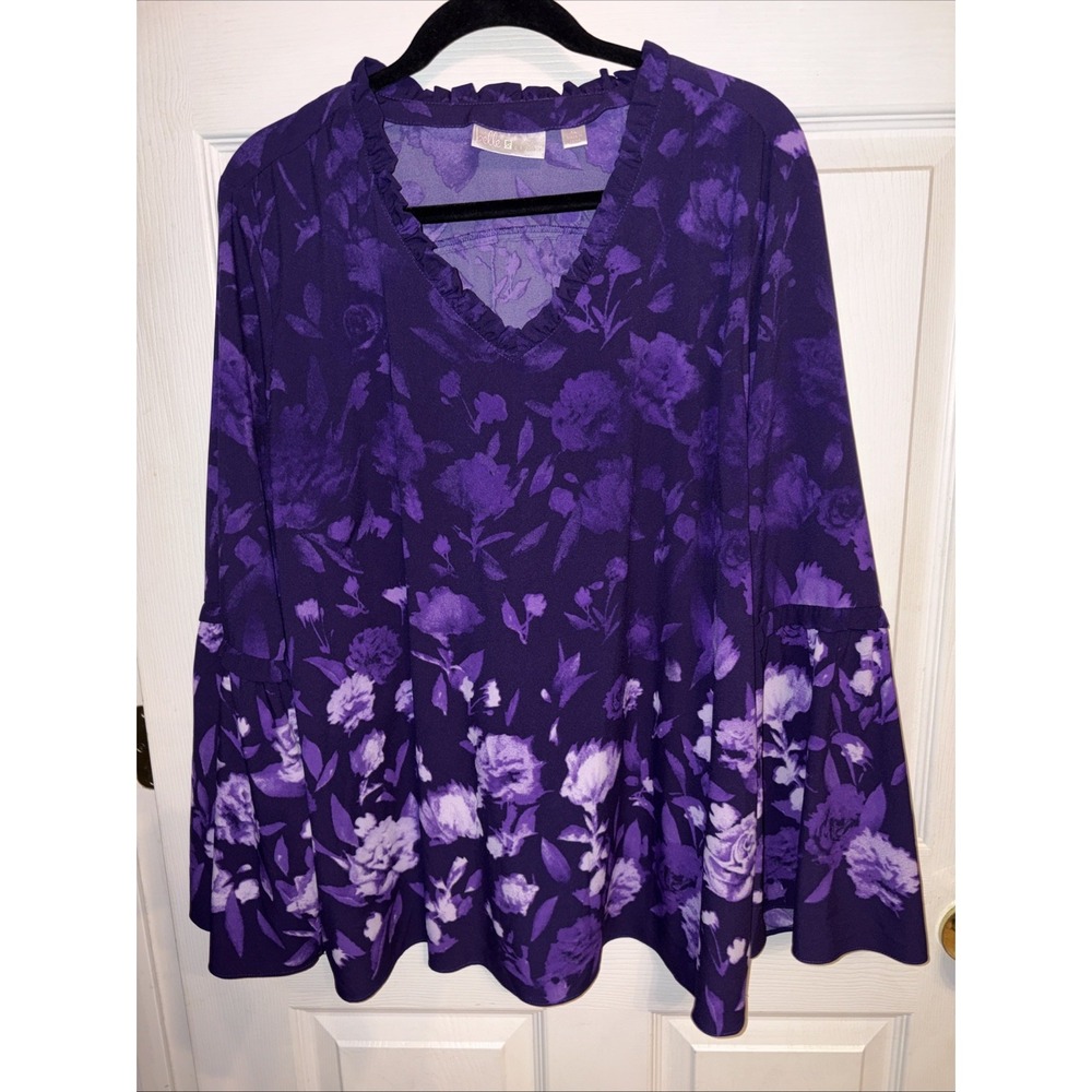 Belle Kim Gravel XL Purple Floral Ruffle Tunic Blouse Bell Sleeve Border Print